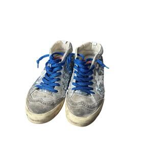 Golden Goose Silver Sequin & Gray Sneakers with Blue Laces